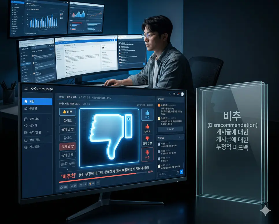 박제 뜻, 비추 뜻, 워너비 뜻: 온라인 기록 문화와 이상향의 미학 완벽 분석! 2 신조어 비추(비추천)를 통해 온라인 게시글의 내용에 동의하지 않거나 마음에 들지 않을 때 표현하는 부정적인 피드백 지표를 시각화한 이미지