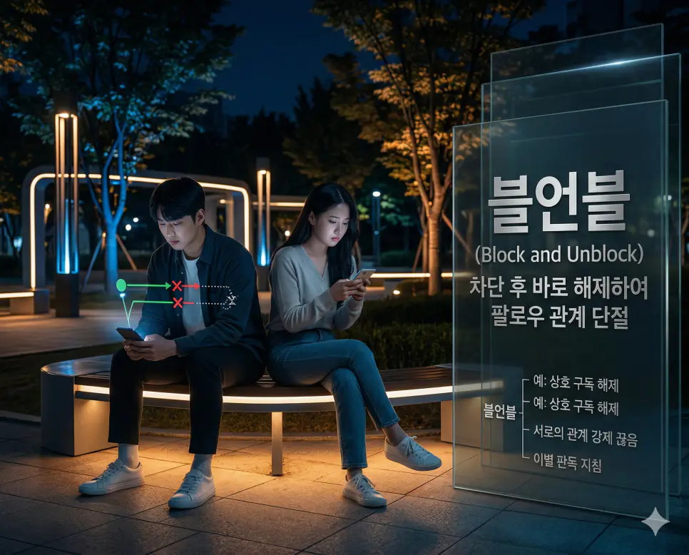 신조어 블언블 뜻을 통해 상대방을 차단했다가 바로 해제하여 서로의 팔로우 관계를 강제로 끊어버리는 한국의 디지털 이별 문화를 사실적인 사진 스타일로 시각화한 이미지