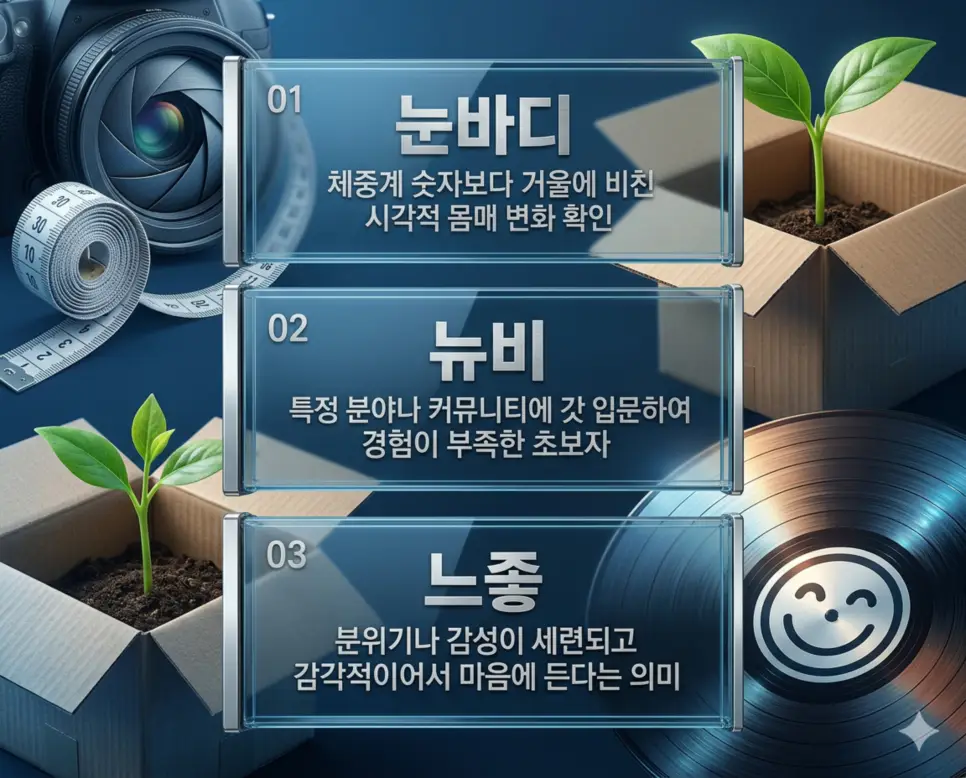 신조어 눈바디, 뉴비, 느좋의 정의와 거울로 확인하는 몸매 변화, 경험 부족한 입문자, 세련된 좋은 느낌의 핵심 내용을 정리한 영화 포스터 스타일 인포그래픽