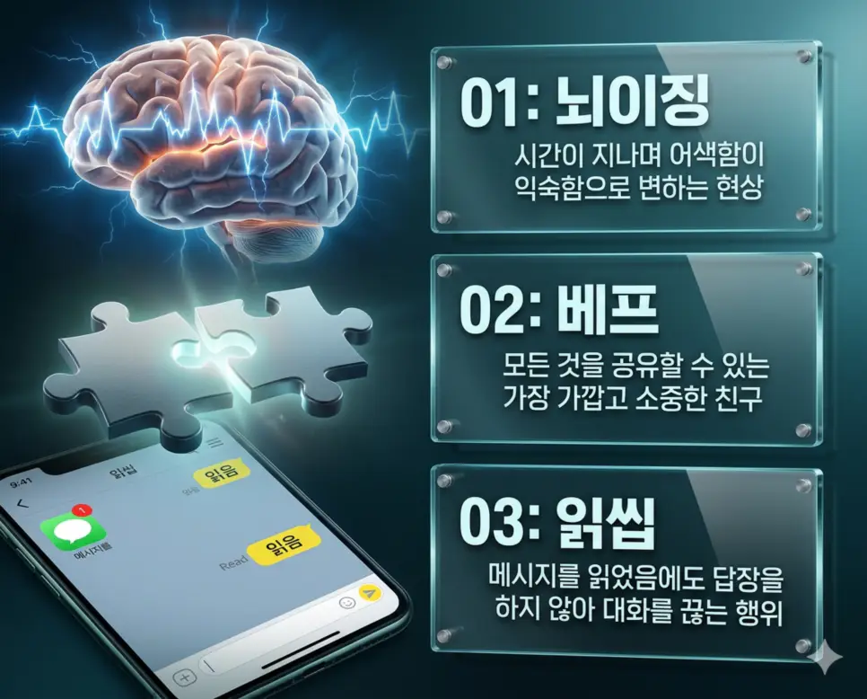 신조어 뇌이징, 베프, 읽씹의 정의와 시간이 흐르며 변하는 적응 심리, 소중한 우정, 메시지 무응답의 핵심 내용을 정리한 영화 포스터 스타일 인포그래픽