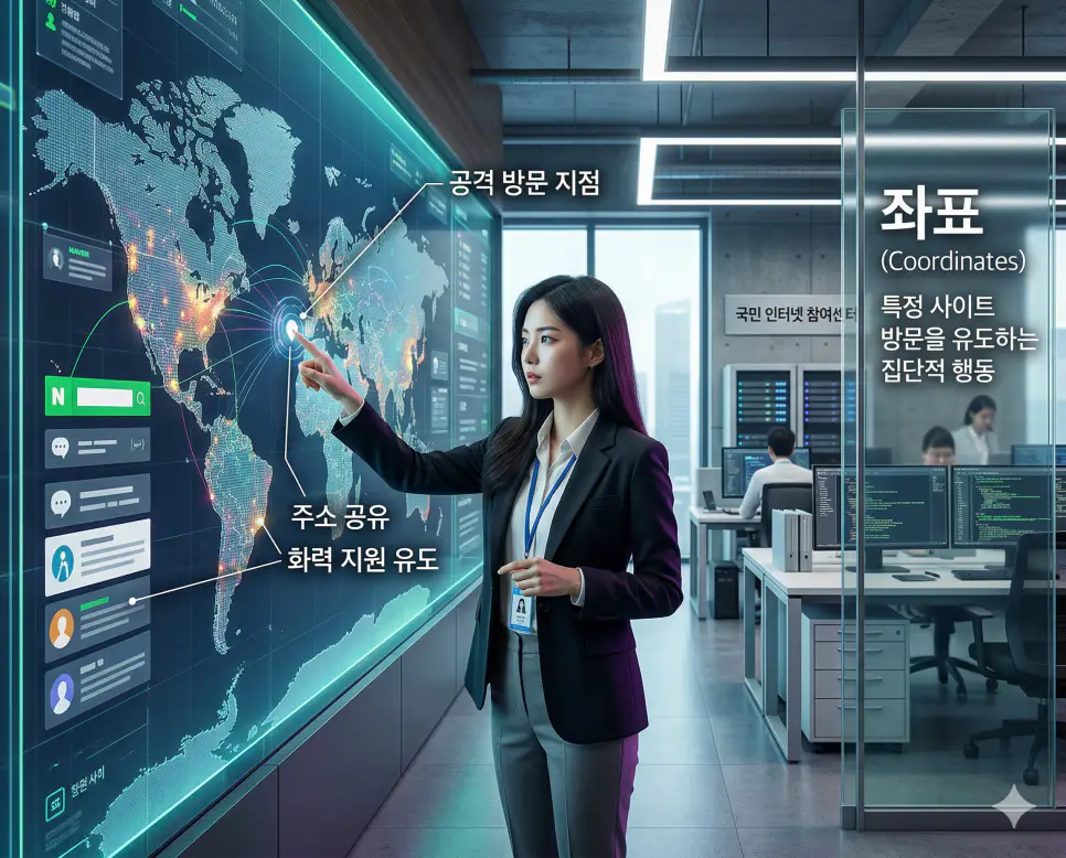 신조어 좌표 뜻을 통해 특정 게시물이나 사이트 주소를 공유하여 집단적인 방문이나 화력 지원을 유도하는 한국의 커뮤니티 활동을 사실적인 사진 스타일로 시각화한 이미지