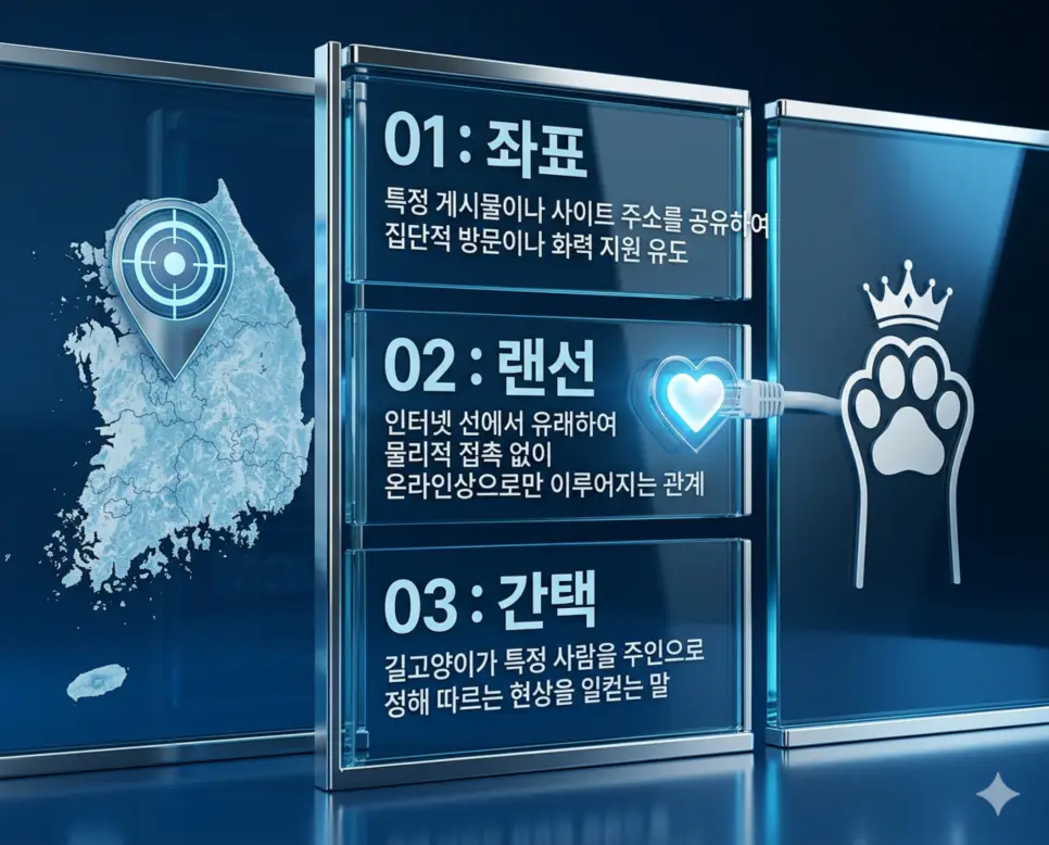 신조어 좌표, 랜선, 간택 뜻의 핵심 정의와 공격 방문 유도, 온라인 관계, 길고양이의 선택 핵심 내용을 사실적인 사진 스타일로 정리한 인포그래픽