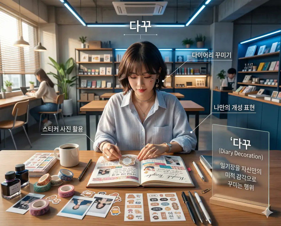 느앰 뜻, 다꾸 뜻, 당모치 뜻: 애매한 느낌과 취향 그리고 치킨 완벽 정리 2 신조어 다꾸(다이어리 꾸미기)를 통해 일기장에 스티커와 사진 등을 활용하여 자신만의 개성과 취향이 담긴 미적 감각을 표현하는 한국의 취미 생활을 시각화한 이미지