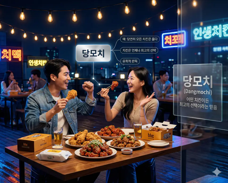 느앰 뜻, 다꾸 뜻, 당모치 뜻: 애매한 느낌과 취향 그리고 치킨 완벽 정리 3 신조어 당모치(당연히 모든 치킨은 옳다)를 통해 어떤 종류나 브랜드든 상관없이 치킨은 언제나 최고의 선택이라는 한국의 유희적 치킨 문화를 시각화한 이미지