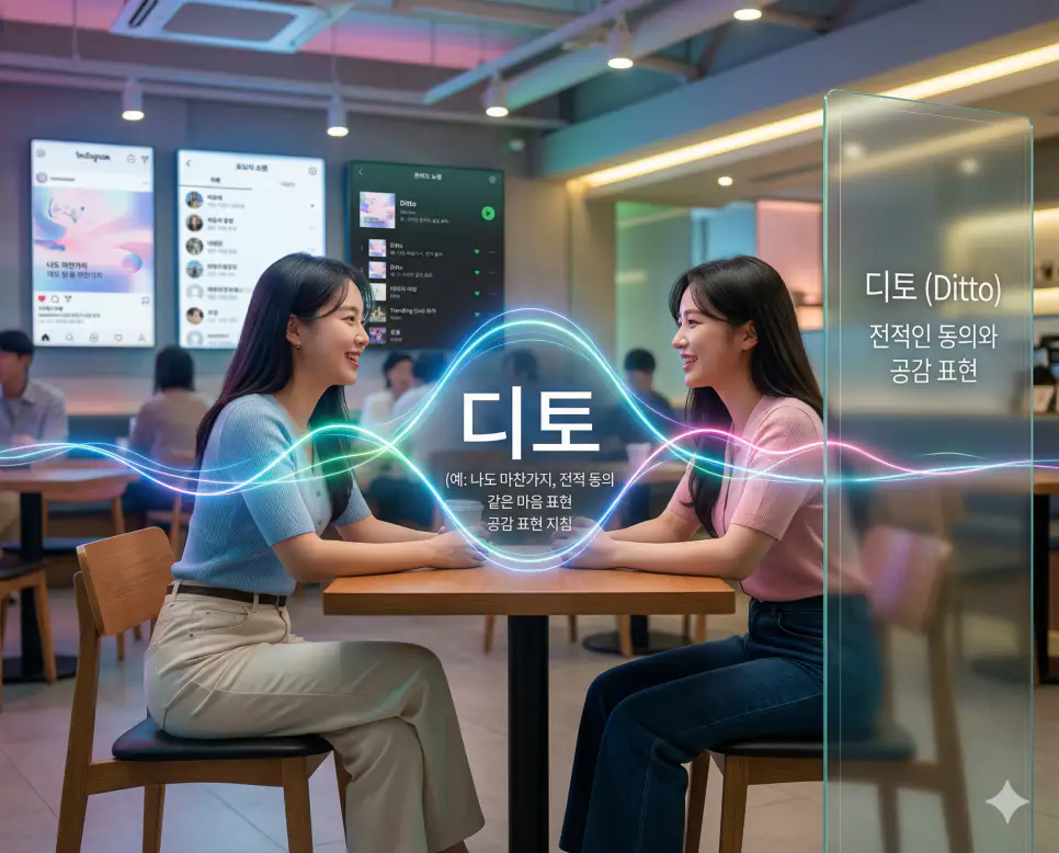 공시생 뜻, 국뽕 뜻, 디토 뜻: 수험 생활과 공감의 미학 완벽 분석! 3 신조어 디토(Ditto)의 의미를 담아 상대방의 의견에 전적으로 동의하거나 같은 마음임을 세련되게 표현하는 한국 MZ세대의 공감 문화를 시각화한 이미지