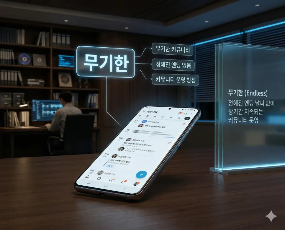 고자 뜻, 무기한 뜻, 떡밥 뜻: 관통 불가와 Endless 커뮤니티 및 상호작용 완벽 정리 2 무기한 뜻을 통해 정해진 엔딩 날짜 없이 장기간 지속되는 커뮤니티 운영 관리 방침을 한국의 fandom 문화로 시각화한 실사 이미지