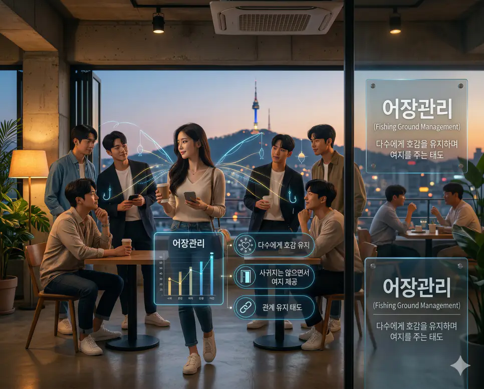 어장관리 뜻, 넘사벽 뜻, 노코멘트 뜻: 관계의 심리와 압도적 차이 완벽 정리! 1 신조어 어장관리를 통해 실제로 사귀지는 않으면서 여러 이성에게 여지를 주며 관계를 유지하는 한국의 미묘한 연애 심리 태도를 시각화한 이미지