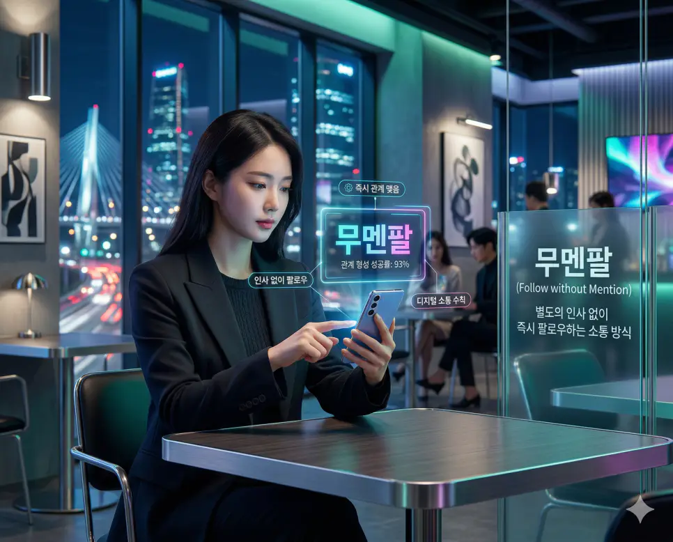 무멘팔 뜻, 실트 뜻, 구독 뜻: 소통과 트렌드 및 정보 완벽 정리 1 신조어 무멘팔 뜻을 통해 인사 없이 팔로우하여 즉시 관계를 맺는 한국의 디지털 소통 문화를 사실적인 사진 스타일로 시각화한 이미지