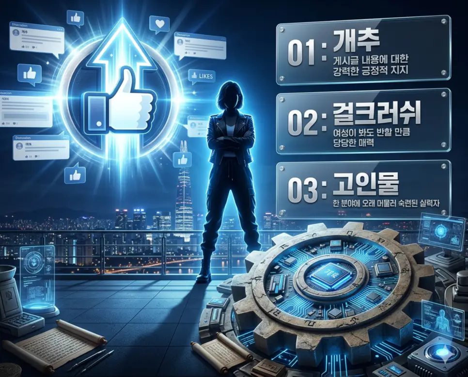개추 뜻, 걸크러쉬 뜻, 고인물 뜻: 온라인 지지와 베테랑의 미학 완벽 분석! 4 신조어 개추, 걸크러쉬, 고인물의 정의와 강력한 온라인 추천, 당당한 여성 매력 동경, 한 분야의 독보적 실력자의 핵심 내용을 영화 포스터 스타일로 정리한 인포그래픽