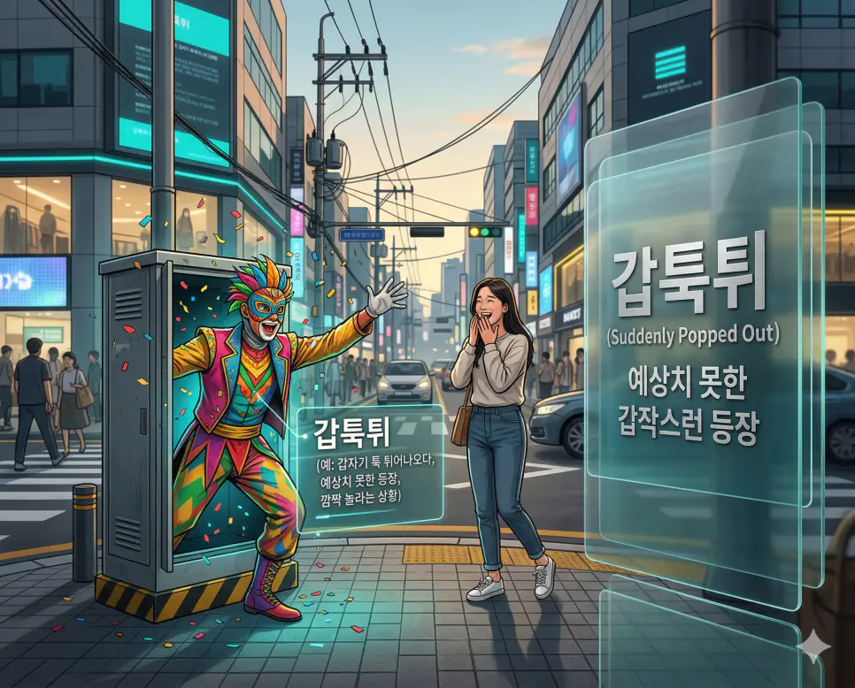 갓생 뜻, 관크 뜻, 갑툭튀 뜻: 자기계발 열풍과 관람 에티켓의 미학 완벽 분석! 3 신조어 갑툭튀(갑자기 툭 튀어나오다)를 통해 예상하지 못한 순간이나 장소에서 무언가 갑작스럽게 등장하여 놀라움을 주는 상황을 한국의 활기찬 거리 배경으로 시각화한 이미지