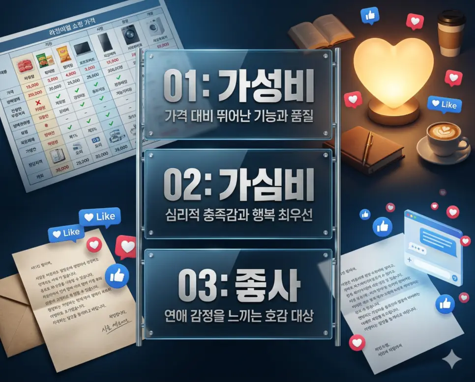 가성비 뜻, 가심비 뜻, 좋사 뜻: 현대 소비 트렌드와 호감의 미학 완벽 분석! 4 신조어 가성비, 가심비, 좋사의 정의와 합리적 소비 효율, 심리적 행복 지향 소비, 좋아하는 설렘의 대상을 영화 포스터 스타일로 정리한 프리미엄 인포그래픽