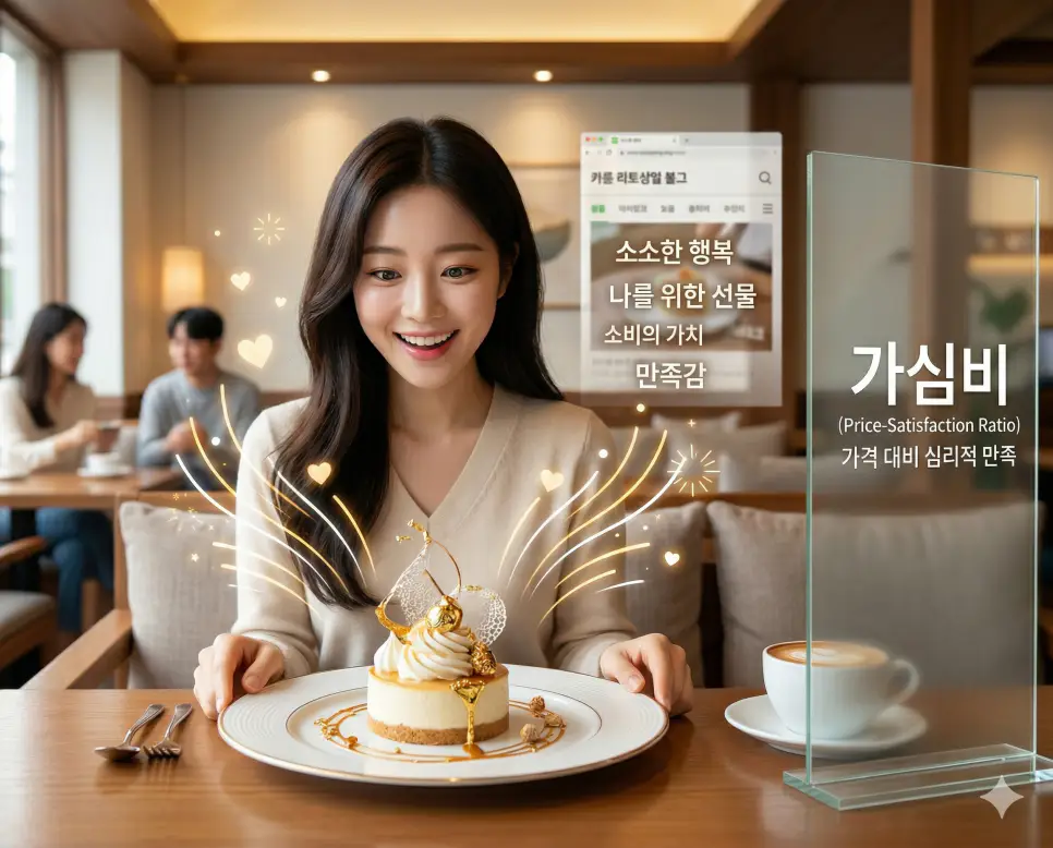 가성비 뜻, 가심비 뜻, 좋사 뜻: 현대 소비 트렌드와 호감의 미학 완벽 분석! 2 신조어 가심비(가격 대비 심리적 만족)를 통해 객관적인 성능보다는 구매 후 느끼는 심리적 충족감과 행복감을 최우선으로 두는 한국인의 주관적 소비 경향을 시각화한 이미지
