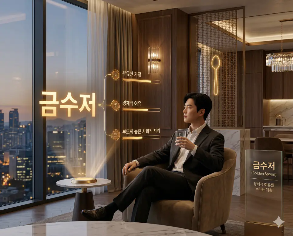 신조어 금수저(Golden Spoon)를 통해 부유한 가정에서 태어나 경제적 여유를 누리는 계층과 수조론의 대표적인 사회적 개념을 한국의 고급스러운 배경으로 시각화한 이미지 [cite: 1, 48]