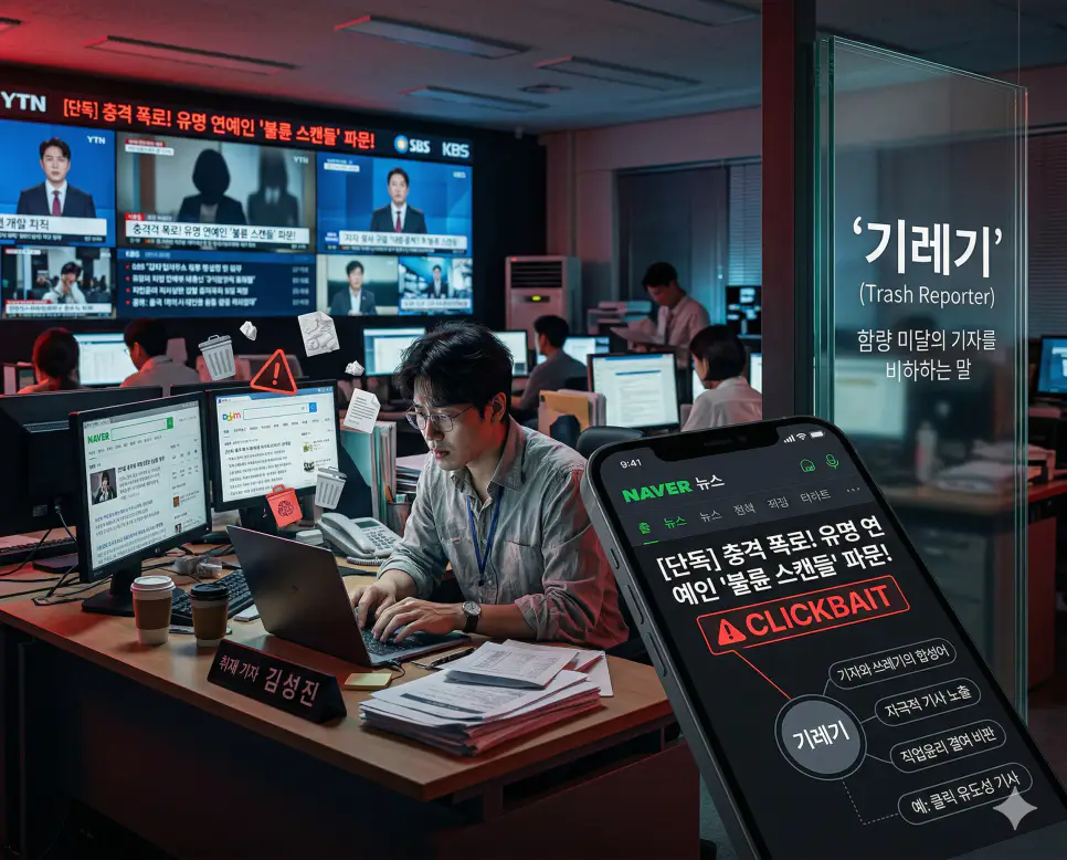 국평오 뜻, 금수저 뜻, 기레기 뜻: 한국 사회의 계급과 직업윤리 완벽 분석! 3 신조어 기레기(기자와 쓰레기의 합성어)를 통해 자극적인 기사로 조회수만 노리고 직업윤리를 저버린 함량 미달 기자를 향한 대중의 비판 시각을 시각화한 이미지