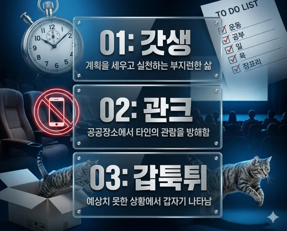 갓생 뜻, 관크 뜻, 갑툭튀 뜻: 자기계발 열풍과 관람 에티켓의 미학 완벽 분석! 4 신조어 갓생, 관크, 갑툭튀의 정의와 부지런한 자아실현, 관람 에티켓 준수, 갑작스러운 상황 묘사의 핵심 내용을 영화 포스터 스타일로 정리한 프리미엄 인포그래픽