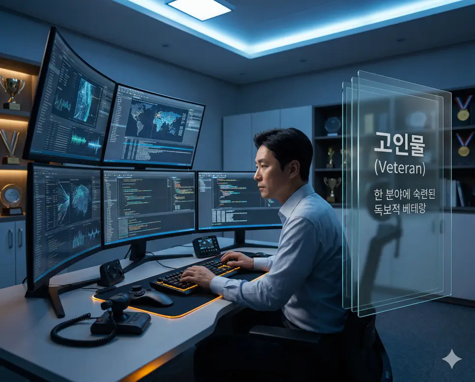 개추 뜻, 걸크러쉬 뜻, 고인물 뜻: 온라인 지지와 베테랑의 미학 완벽 분석! 3 신조어 고인물(Oldbie/Veteran)을 통해 특정 분야에서 오랜 시간 숙련되어 독보적인 실력과 지식을 갖춘 한국인 베테랑 전문가의 모습을 시각화한 이미지