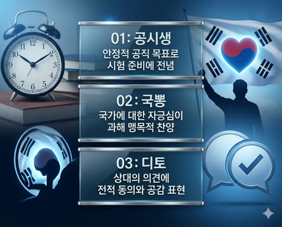 공시생 뜻, 국뽕 뜻, 디토 뜻: 수험 생활과 공감의 미학 완벽 분석! 4 신조어 공시생, 국뽕, 디토의 정의와 수험 생활의 치열함, 과도한 애국심 현상, 전적 동의와 공감 표현의 핵심 내용을 영화 포스터 스타일로 정리한 인포그래픽