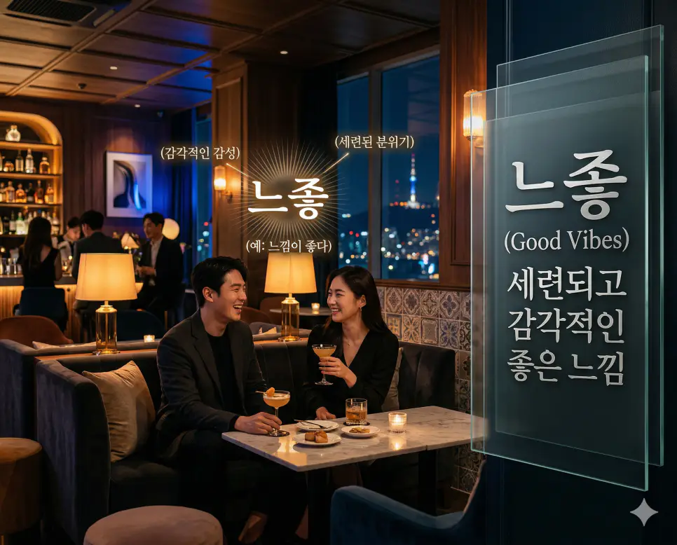 신조어 느좋(느낌이 좋다)을 통해 분위기나 감성이 세련되고 감각적이어서 마음에 든다는 한국의 트렌디한 감성 판독 지침을 시각화한 이미지