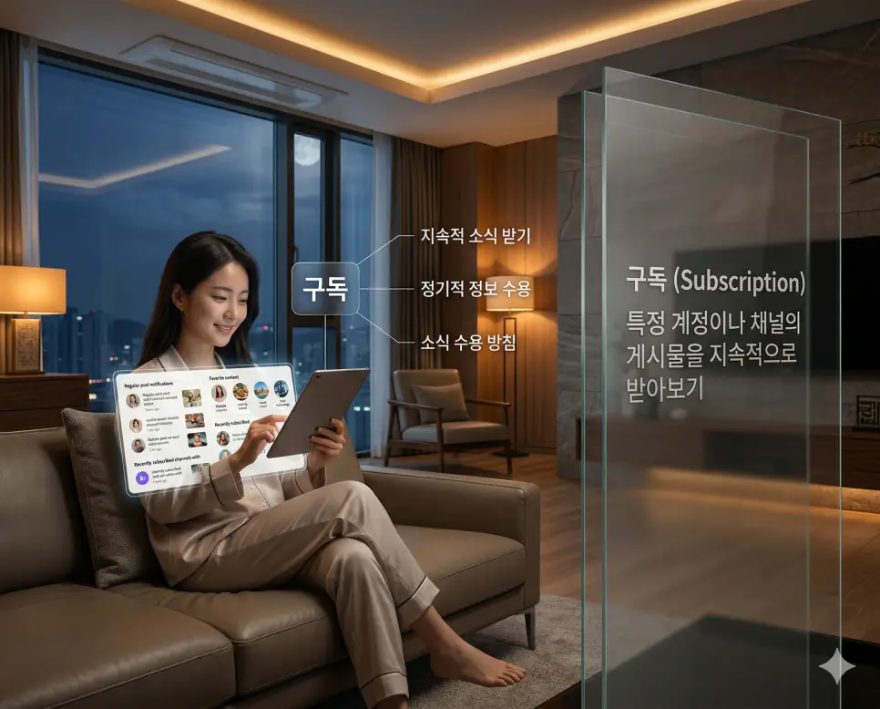 무멘팔 뜻, 실트 뜻, 구독 뜻: 소통과 트렌드 및 정보 완벽 정리 3 신조어 구독 뜻을 통해 특정 계정의 게시물을 지속적으로 받아보기 위해 등록하는 한국의 정보 수용 문화를 사실적인 사진 스타일로 시각화한 이미지