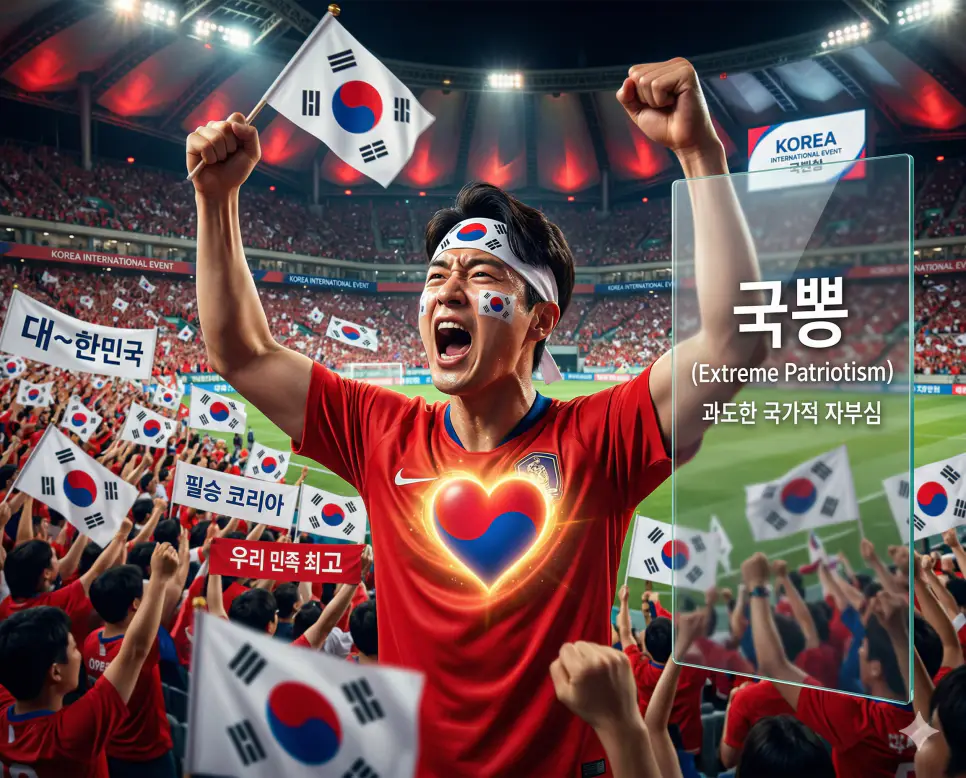 공시생 뜻, 국뽕 뜻, 디토 뜻: 수험 생활과 공감의 미학 완벽 분석! 2 신조어 국뽕(과도한 국가적 자부심)을 통해 대한민국 국민으로서 가슴 웅장해지는 자긍심을 느끼며 맹목적으로 찬양하는 현상을 한국의 응원 문화 배경으로 시각화한 이미지