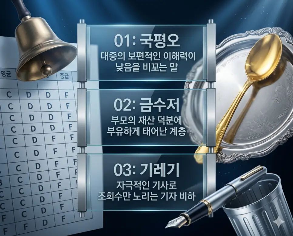 국평오 뜻, 금수저 뜻, 기레기 뜻: 한국 사회의 계급과 직업윤리 완벽 분석! 4 신조어 국평오, 금수저, 기레기의 정의와 대중 이해력 비판, 부유한 계층의 상징, 직업윤리 결여 기자에 대한 핵심 내용을 영화 포스터 스타일로 정리한 인포그래픽
