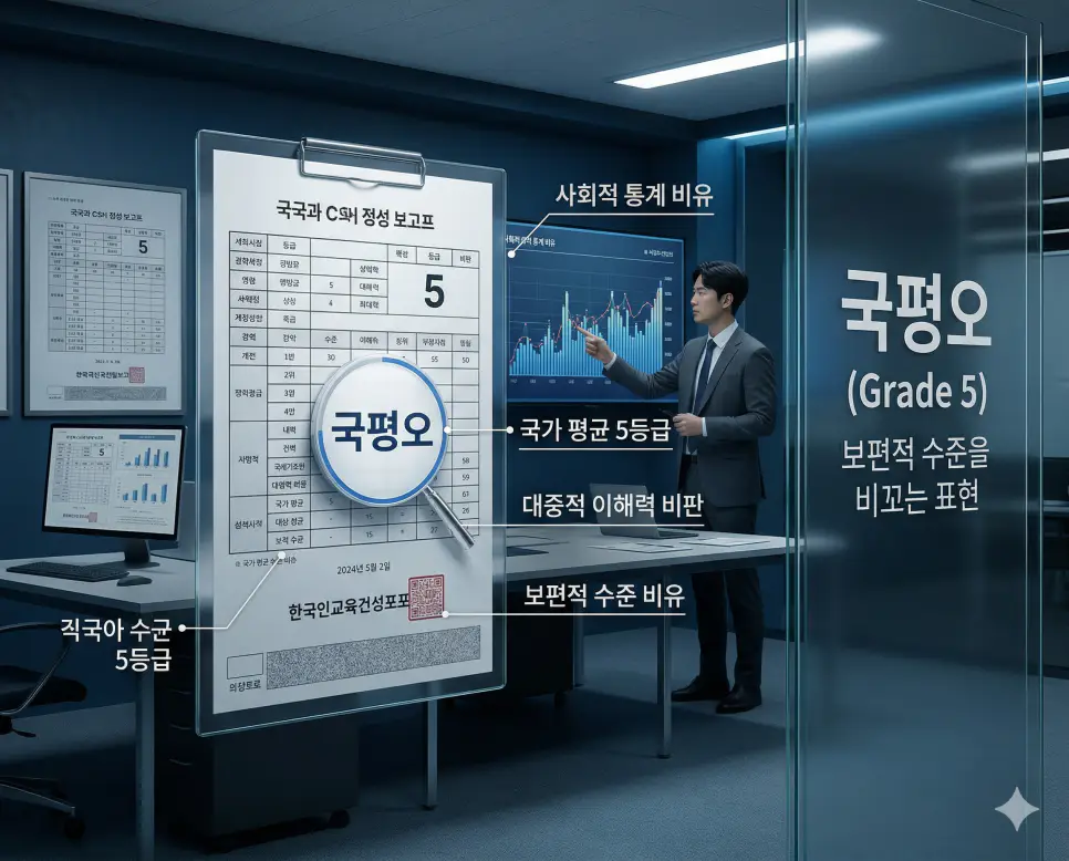 국평오 뜻, 금수저 뜻, 기레기 뜻: 한국 사회의 계급과 직업윤리 완벽 분석! 1 신조어 국평오(국가 평균 5등급)를 통해 대한민국 수능 성적의 중간 등급에 빗대어 대중의 보편적인 이해력이 낮음을 비꼬는 사회적 풍자 문화를 시각화한 이미지