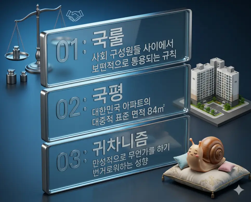 국룰 뜻, 국평 뜻, 귀차니즘 뜻: 한국인의 상식과 주거, 그리고 심리 분석! 4 신조어 국룰, 국평, 귀차니즘의 정의와 사회적 암묵적 규칙, 대한민국 표준 주거 기준, 번거로움을 느끼는 심리적 상태의 핵심 내용을 영화 포스터 스타일로 정리한 인포그래픽