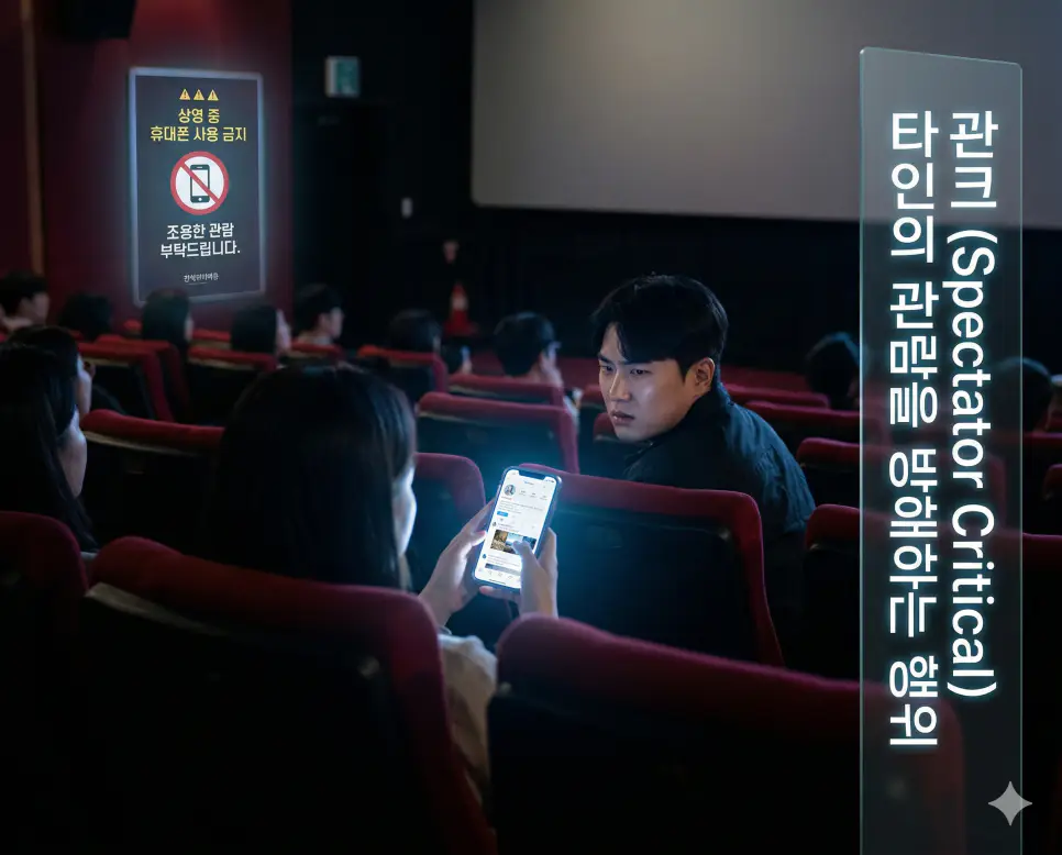 갓생 뜻, 관크 뜻, 갑툭튀 뜻: 자기계발 열풍과 관람 에티켓의 미학 완벽 분석! 2 신조어 관크(Spectator Critical)를 통해 영화관이나 공연장에서 타인의 관람을 방해하는 행위를 경고하고 공공장소 에티켓의 중요성을 한국의 문화 시설 배경으로 시각화한 이미지