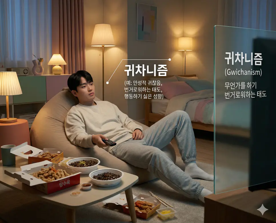 국룰 뜻, 국평 뜻, 귀차니즘 뜻: 한국인의 상식과 주거, 그리고 심리 분석! 3 신조어 귀차니즘(Gwichanism)을 통해 무언가를 하는 것을 몹시 번거로워하고 행동하기 싫어하는 현대인의 만성적 태도와 편안한 일상 모습을 시각화한 이미지