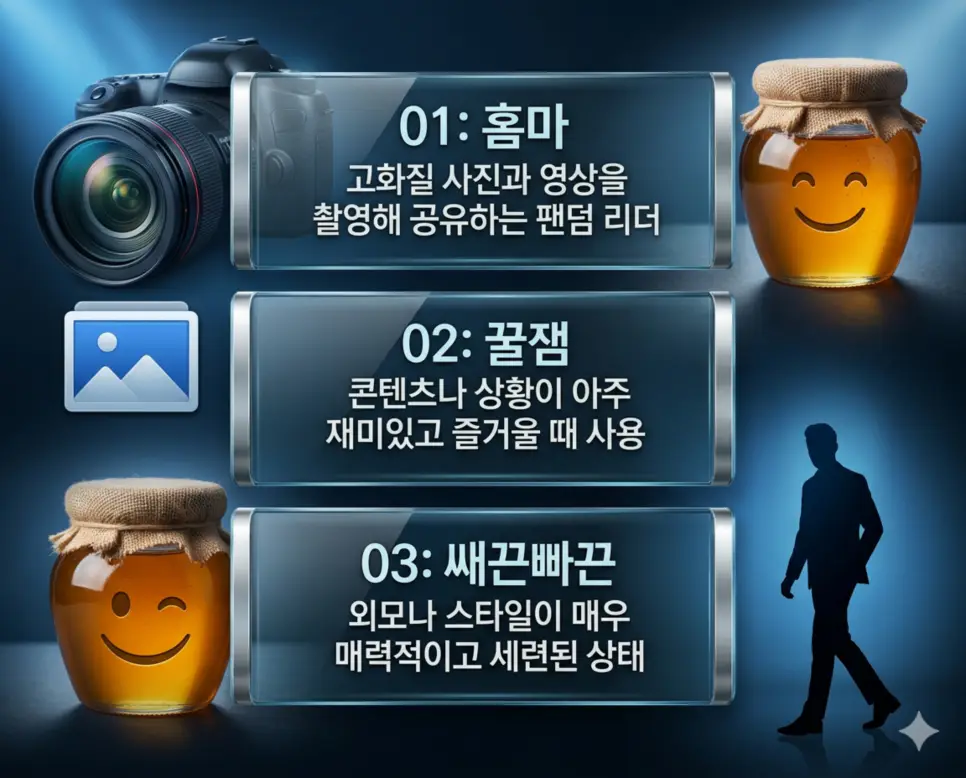 신조어 홈마, 꿀잼, 쌔끈빠끈의 정의와 팬덤 문화의 소통 리더, 아주 즐거운 콘텐츠의 재미, 매력적인 세련미의 핵심 내용을 영화 포스터 스타일로 정리한 인포그래픽