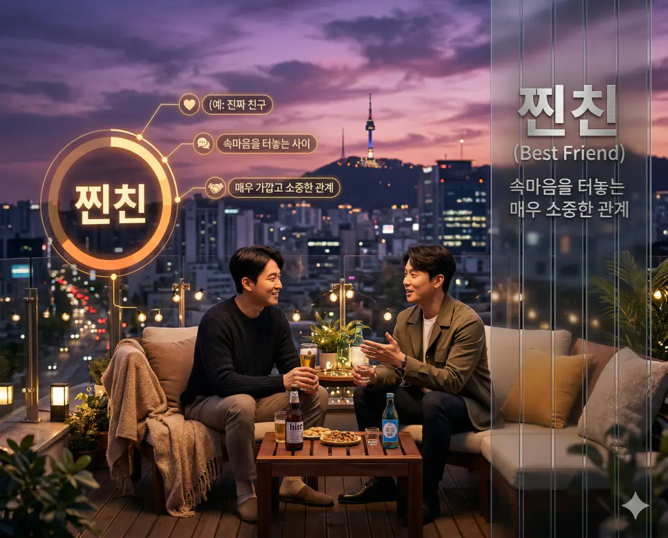 남사친 뜻, 여사친 뜻, 찐친 뜻: 이성 친구와 진정한 우정의 경계 완벽 분석! 3 신조어 찐친(진짜 친구)을 통해 속마음을 모두 터놓을 수 있을 만큼 매우 가깝고 소중한 한국의 깊은 우정과 유대감을 시각화한 이미지