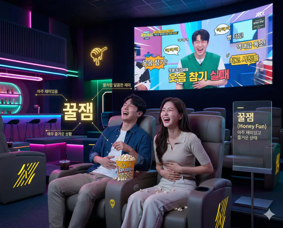 신조어 꿀잼(Honey Fun)을 통해 어떤 상황이나 콘텐츠가 꿀처럼 달콤하고 진하게 재미있을 때 표현하는 한국인의 긍정적인 즐거움을 시각화한 이미지