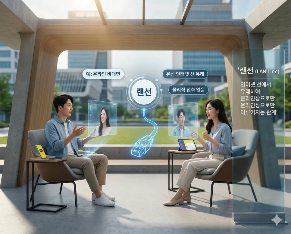 신조어 랜선 뜻을 통해 물리적 접촉 없이 온라인상으로만 이루어지는 비대면 관계나 한국의 디지털 소통 문화를 사실적인 사진 스타일로 시각화한 이미지