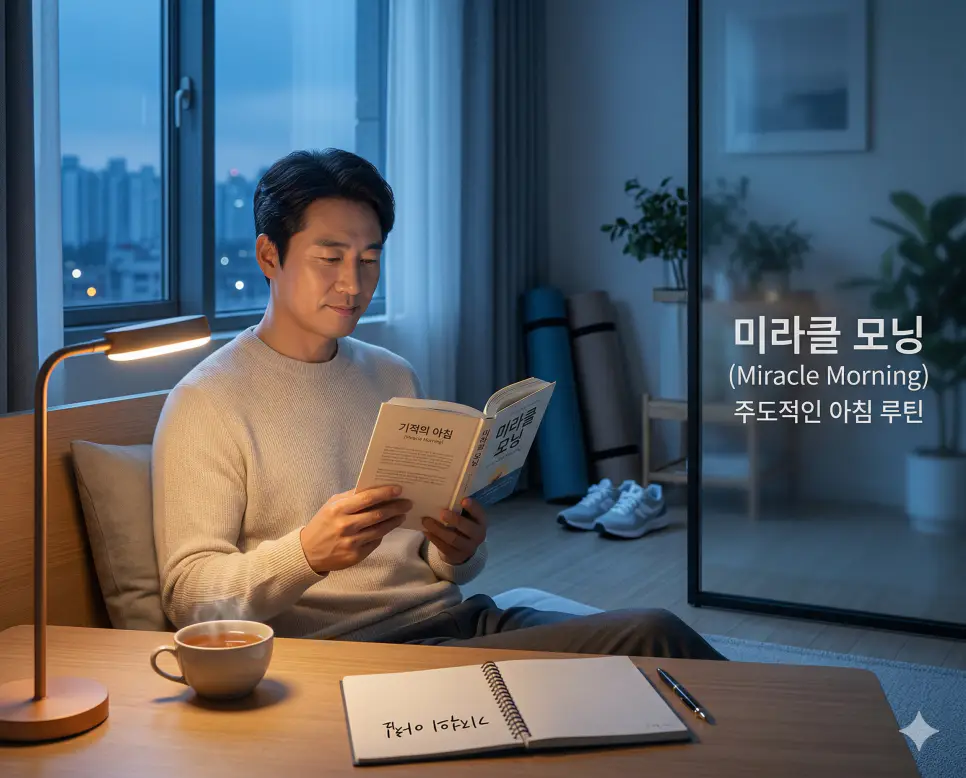 미라클 모닝 뜻, 엄크 뜻, 개취 뜻: 아침 루틴 관리와 개인 취향 존중의 모든 것! 1 신조어 미라클 모닝(Miracle Morning)을 실천하며 이른 새벽 독서와 명상으로 하루를 주도적으로 시작하는 한국인의 아침 루틴을 평온하게 시각화한 이미지