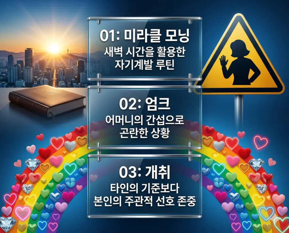 미라클 모닝 뜻, 엄크 뜻, 개취 뜻: 아침 루틴 관리와 개인 취향 존중의 모든 것! 4 신조어 미라클 모닝, 엄크, 개취의 정의와 아침 루틴 관리, 갑작스러운 상황 발생, 주관적 취향 존중의 핵심 내용을 영화 포스터 스타일로 정리한 인포그래픽