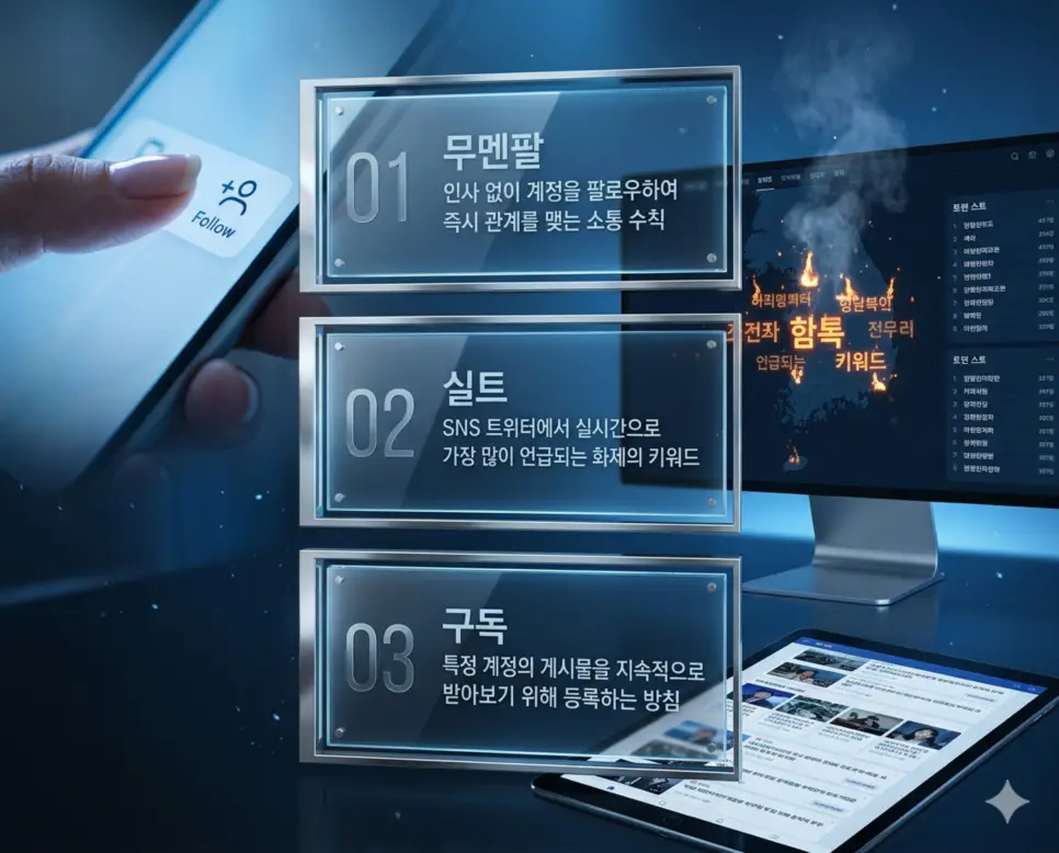 무멘팔 뜻, 실트 뜻, 구독 뜻: 소통과 트렌드 및 정보 완벽 정리 4 신조어 무멘팔, 실트, 구독 뜻의 정의와 인사 없는 팔로우, 실시간 화제, 지속적 소식 받기의 핵심 내용을 정리한 영화 포스터 스타일 인포그래픽