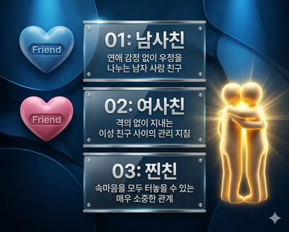남사친 뜻, 여사친 뜻, 찐친 뜻: 이성 친구와 진정한 우정의 경계 완벽 분석! 4 신조어 남사친, 여사친, 찐친의 정의와 이성 친구 사이의 우정, 격의 없는 관계, 진정한 유대감의 핵심 내용을 영화 포스터 스타일로 정리한 인포그래픽