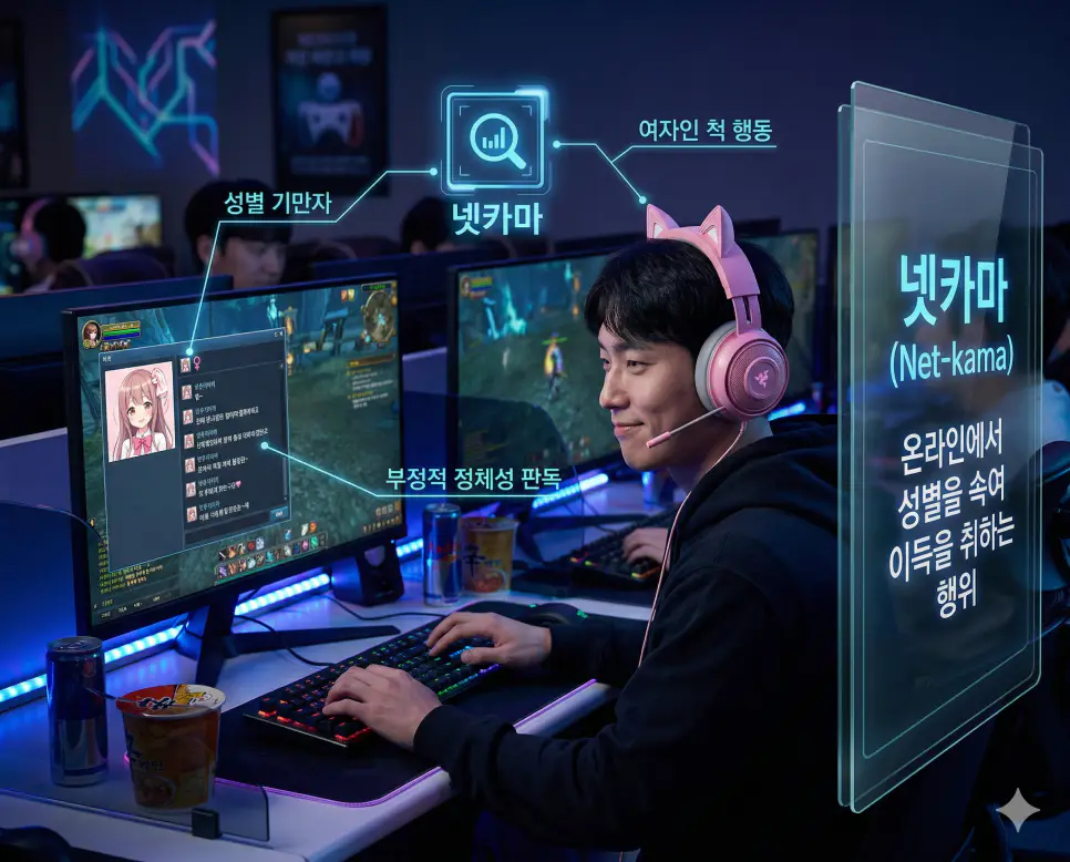 임보 뜻, 넷카마 뜻, 트친 뜻: 보호와 기만 그리고 인맥 완벽 정리 2 신조어 넷카마 뜻을 통해 인터넷상에서 남성이 여성인 척 행동하며 관심을 끌거나 이득을 취하는 한국의 부정적 정체성 문화를 사실적인 사진 스타일로 시각화한 이미지