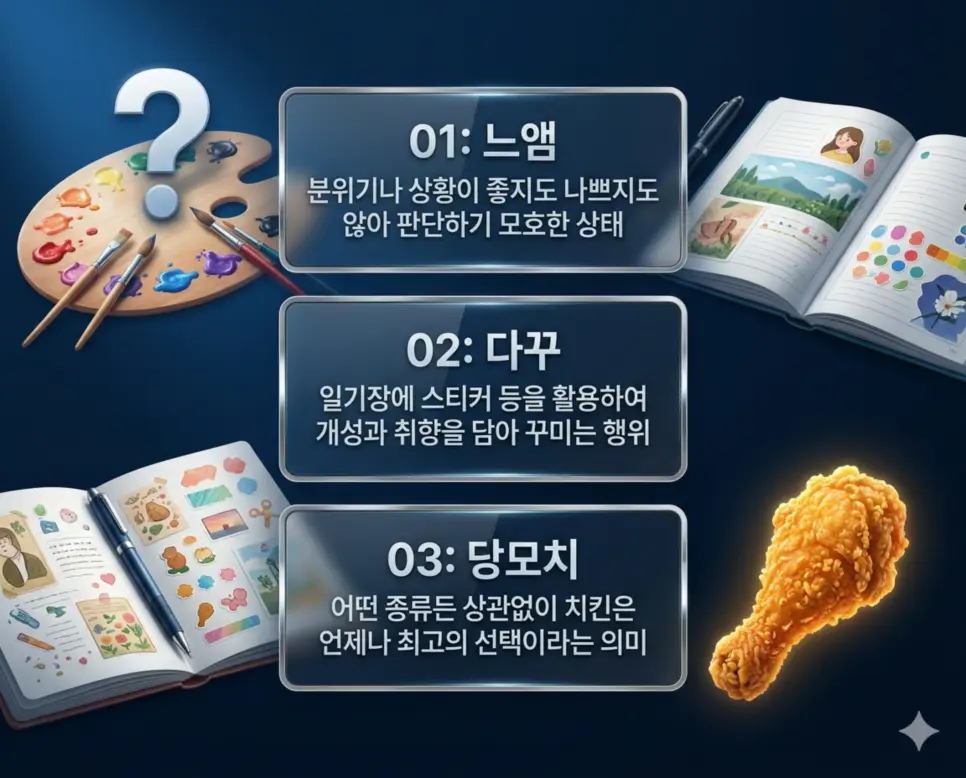 느앰 뜻, 다꾸 뜻, 당모치 뜻: 애매한 느낌과 취향 그리고 치킨 완벽 정리 4 신조어 느앰, 다꾸, 당모치의 정의와 판단이 모호한 느낌, 개성 담은 다이어리 꾸미기, 치킨을 향한 무한 애정의 핵심 내용을 정리한 영화 포스터 스타일 인포그래픽