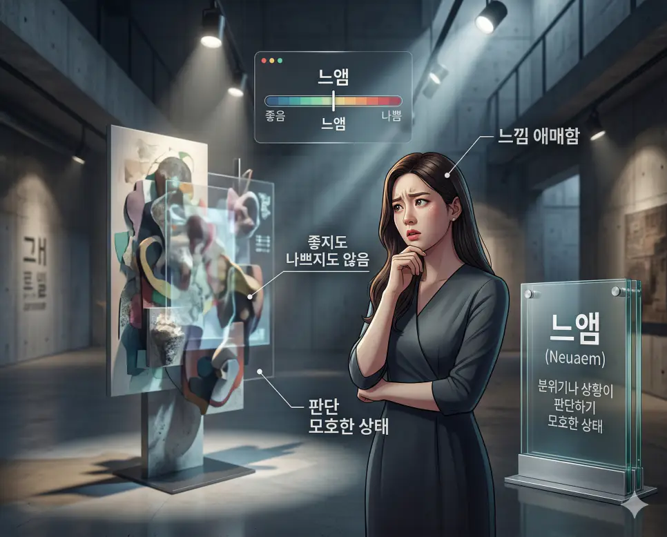 느앰 뜻, 다꾸 뜻, 당모치 뜻: 애매한 느낌과 취향 그리고 치킨 완벽 정리 1 신조어 느앰(느낌 애매함)을 통해 분위기나 상황이 좋지도 나쁘지도 않아 판단하기 어렵거나 모호한 한국의 심리적 상태를 시각화한 이미지
