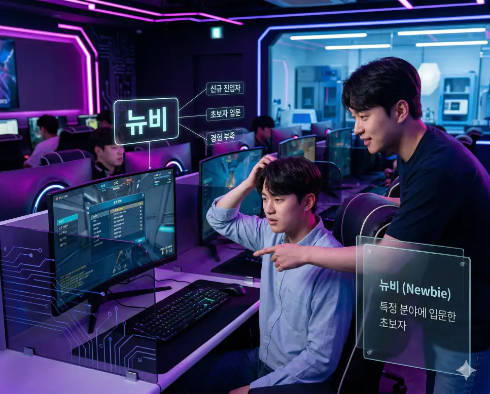 신조어 뉴비(Newbie)를 통해 특정 분야나 커뮤니티, 게임 등에 갓 입문하여 지식이나 경험이 부족한 한국의 초보자 모습을 시각화한 이미지