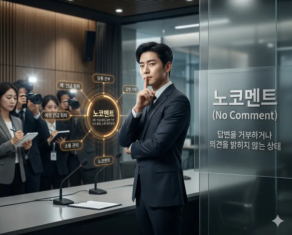어장관리 뜻, 넘사벽 뜻, 노코멘트 뜻: 관계의 심리와 압도적 차이 완벽 정리! 3 신조어 노코멘트(No Comment)를 통해 특정 질문에 답변을 거부하거나 의견을 밝히지 않겠다는 한국의 소통 관리 의사 표현을 시각화한 이미지
