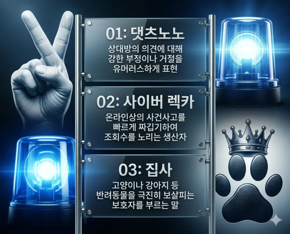 댓츠노노 뜻, 사이버 렉카 뜻, 집사 뜻: 거절과 이슈 및 양육 완벽 정리 4 신조어 댓츠노노, 사이버 렉카, 집사의 정의와 유머러스한 거절, 이슈 가공자, 반려동물 보호자의 핵심 내용을 정리한 영화 포스터 스타일 인포그래픽