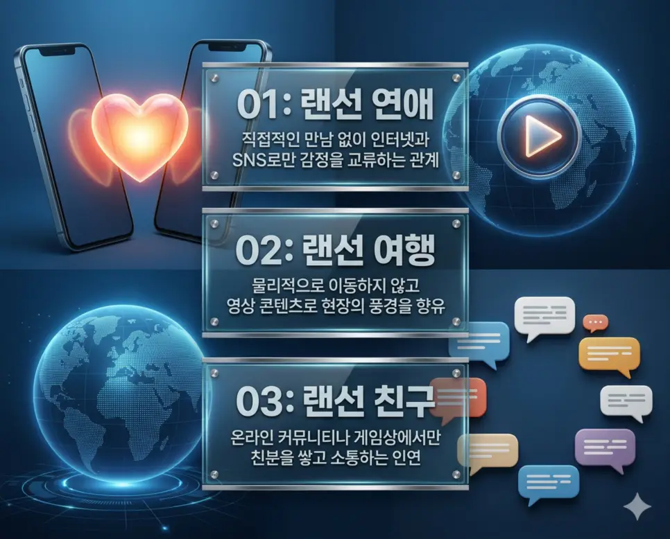 랜선 연애 뜻, 랜선 여행 뜻, 랜선 친구 뜻: 비대면 관계와 가상 여정 완벽 정리 4 신조어 랜선 연애, 랜선 여행, 랜선 친구 뜻의 정의와 비대면 교제, 간접 관광, 온라인 인연의 핵심 내용을 사실적인 사진 스타일로 정리한 인포그래픽