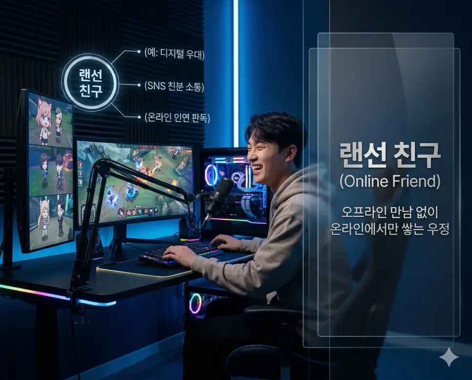 랜선 연애 뜻, 랜선 여행 뜻, 랜선 친구 뜻: 비대면 관계와 가상 여정 완벽 정리 3 신조어 랜선 친구 뜻을 통해 오프라인 만남 없이 온라인상에서만 친분을 쌓고 소통하는 한국의 디지털 인연 문화를 사실적인 사진 스타일로 시각화한 이미지