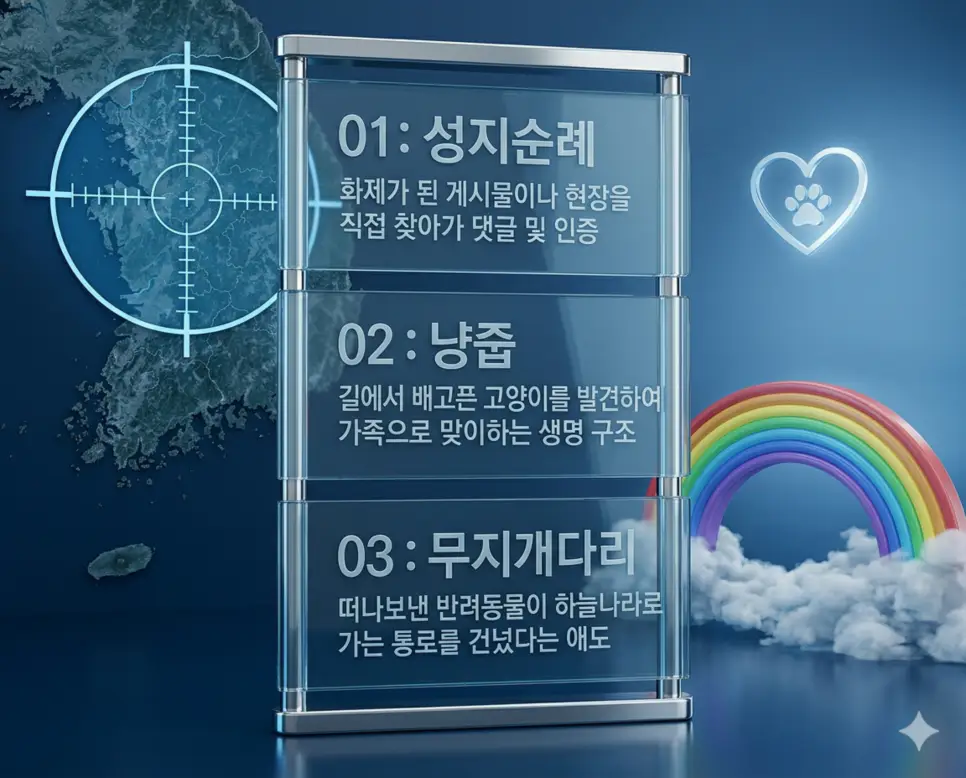 신조어 성지순례, 냥줍, 무지개다리 뜻의 정의와 화제의 현장 인증, 길고양이 구조, 반려동물 애도의 핵심 내용을 정리한 영화 포스터 스타일 인포그래픽