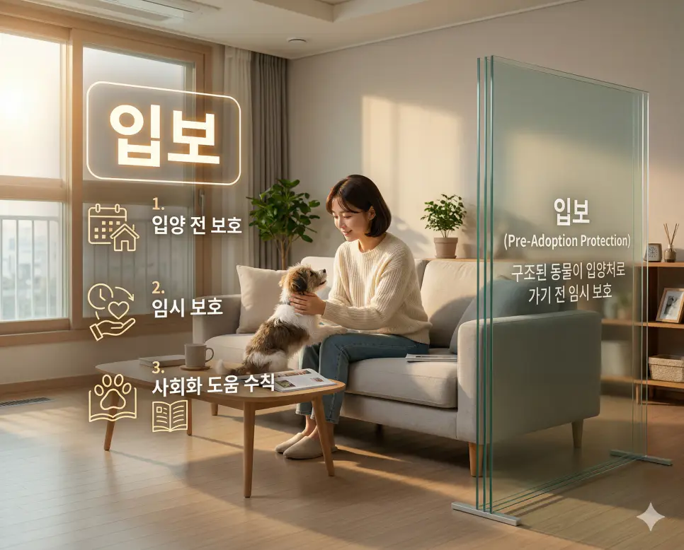 신조어 입보 뜻을 통해 구조된 동물이 정식 입양처로 가기 전까지 임시로 가정에서 보호하며 건강을 관리하고 사회화를 돕는 한국의 생명 보호 문화를 사실적인 사진 스타일로 시각화한 이미지