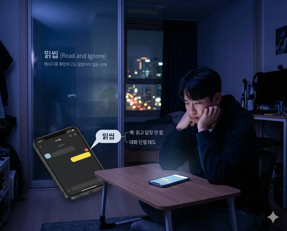 신조어 읽씹(Read and Ignore)을 통해 메시지를 읽었음에도 답장을 하지 않아 대화를 단절하는 한국의 디지털 소통 태도를 시각화한 이미지