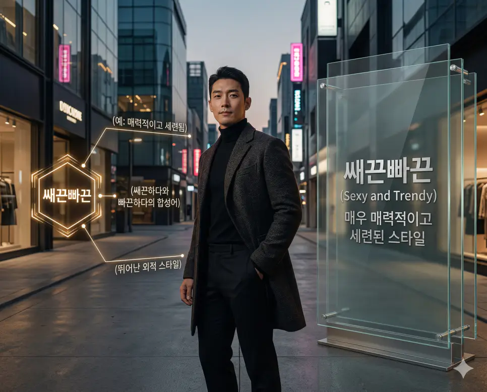 신조어 쌔끈빠끈(Sexy and Trendy)을 통해 외모나 스타일이 매우 매력적이고 세련된 상태를 뜻하는 한국의 트렌디한 패션과 남성미를 시각화한 이미지