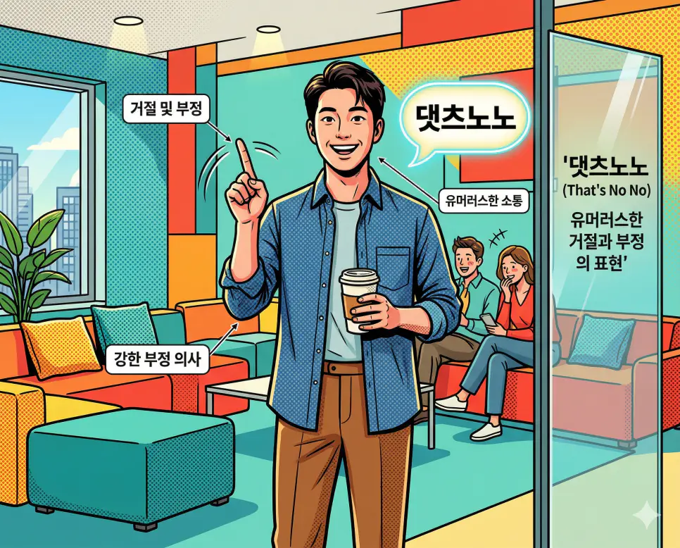 댓츠노노 뜻, 사이버 렉카 뜻, 집사 뜻: 거절과 이슈 및 양육 완벽 정리 1 신조어 댓츠노노(That's No No)를 통해 상대방의 의견에 대해 강한 부정이나 거절의 의사를 유머러스하게 표현하는 한국의 소통 문화를 시각화한 이미지